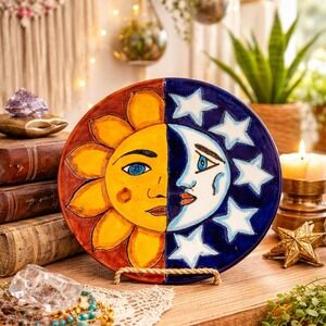 E.O. Mexico Hand Painted Sun and Moon Pottery Plate Celestial Folk Art 7.25in